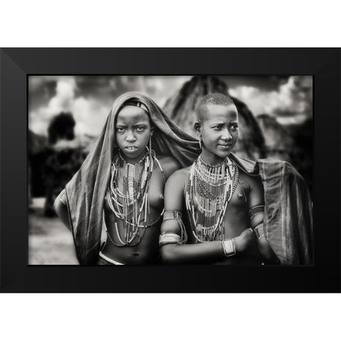 Karo girls sharing a scarf Black Modern Wood Framed Art Print by Flour, Piet