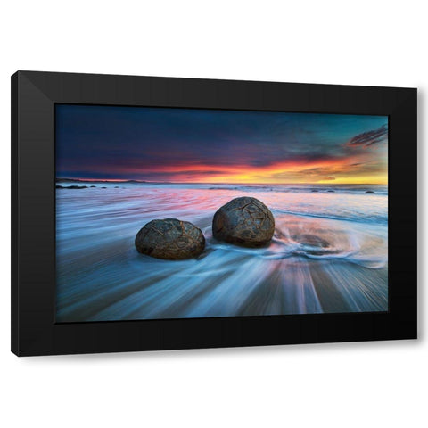 Moeraki Boulders Black Modern Wood Framed Art Print with Double Matting by Zhang, Yan
