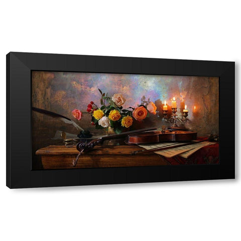 Still life with violin and flowers Black Modern Wood Framed Art Print with Double Matting by Morozov, Andrey