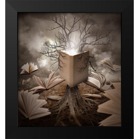 Old Tree Reading Story Book Black Modern Wood Framed Art Print by Waye, Angela