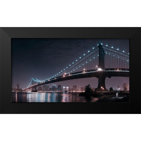 The 2 lovers under Manhattan Bridge Black Modern Wood Framed Art Print by Bravin, Fabien