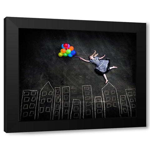 Flying on the Rooftops Black Modern Wood Framed Art Print with Double Matting by Sabs, Nj