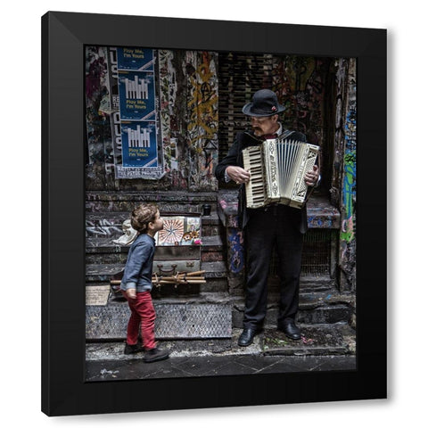 The Busker And The Boy Black Modern Wood Framed Art Print by Russell, Vince