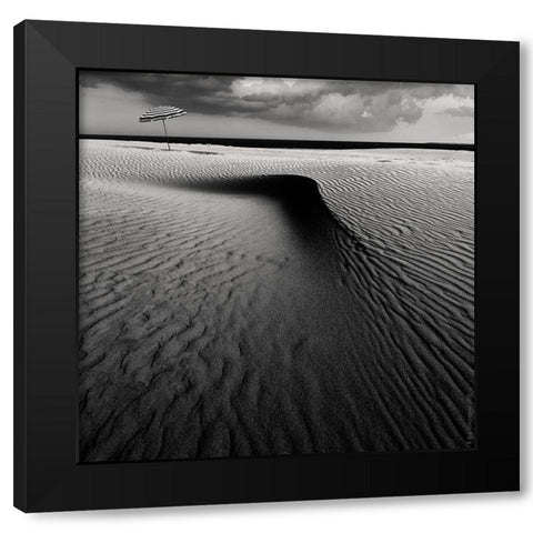 Umbrella on the beach Black Modern Wood Framed Art Print by Schuurmans, Wim