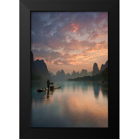 Li River Sunrise Black Modern Wood Framed Art Print by Zhang, Yan