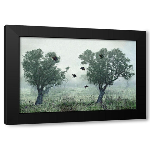 Crows in the mist Black Modern Wood Framed Art Print by Amer, S.