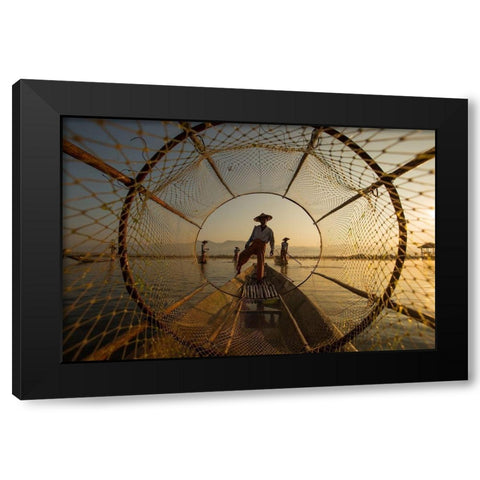 Inle Fisherman Black Modern Wood Framed Art Print with Double Matting by Song, Gunarto