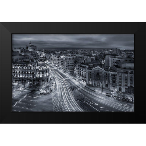 Madrid City Lights Black Modern Wood Framed Art Print by De La, Javier