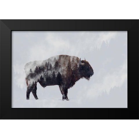 Bison - Double Exposure Black Modern Wood Framed Art Print by Beata, Angyalosi