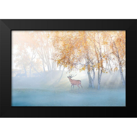 Elk Lost in Mist Black Modern Wood Framed Art Print by Simoon
