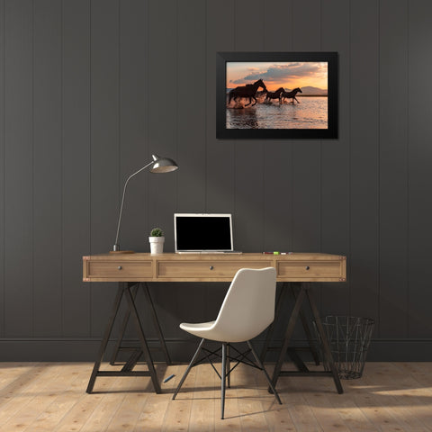 Water Horses Black Modern Wood Framed Art Print by Tekdogan, Barkan