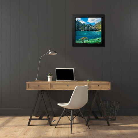 Green sea turtle and sharst cliffs near Secret Lagoon-Palawan-Philippines Black Modern Wood Framed Art Print by Fitzharris, Tim
