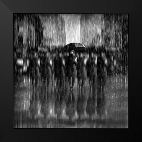 Girls in the Rain Black Modern Wood Framed Art Print by Bunjamin (Abe), Antonyus