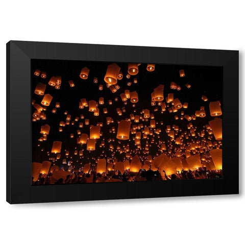 Floating Lanterns Black Modern Wood Framed Art Print with Double Matting by Vichaya