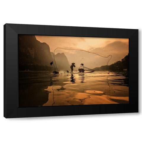 Spread The Fish Nets Black Modern Wood Framed Art Print with Double Matting by Song, Gunarto