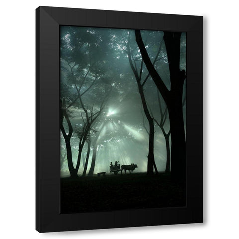 Oxcart Silhouette Black Modern Wood Framed Art Print with Double Matting by Octavandy