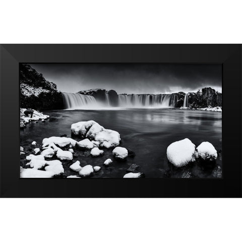 Godafoss Panorama Black Modern Wood Framed Art Print by Ding, Sunny