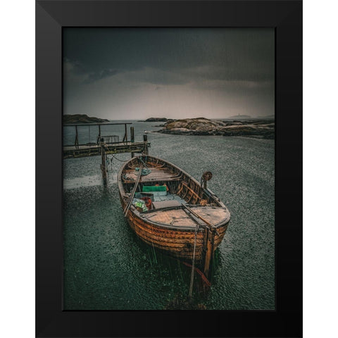 Old Fishingboat in the Rain Black Modern Wood Framed Art Print by Larsson, Dan