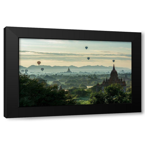 Balloons on Temples Black Modern Wood Framed Art Print by Suharini, Mieke