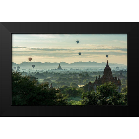 Balloons on Temples Black Modern Wood Framed Art Print by Suharini, Mieke