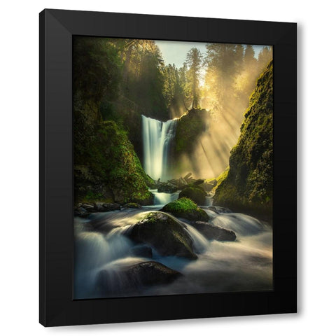 Misty Creek Falls Creek Black Modern Wood Framed Art Print by P, Ruiqing