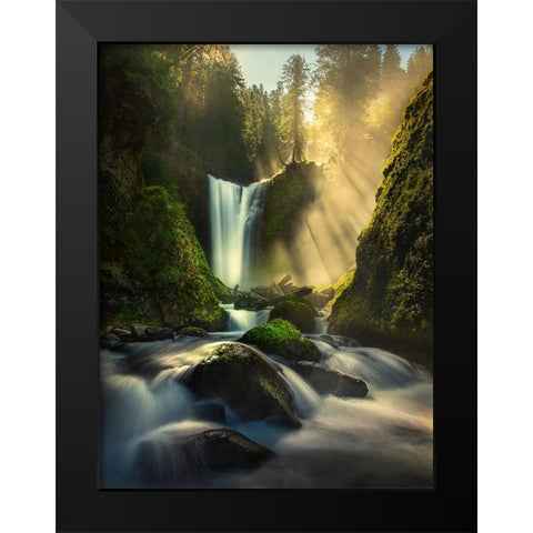 Misty Creek Falls Creek Black Modern Wood Framed Art Print by P, Ruiqing