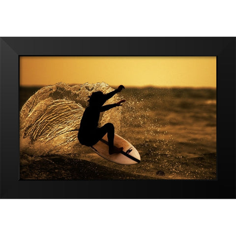 Surfer at sunset Black Modern Wood Framed Art Print by Yuval