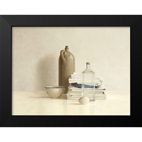 Jar-Bottle-Egg-Bowl and Cloths Black Modern Wood Framed Art Print by de Bont, Willem