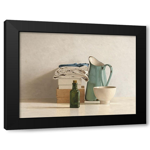 Two Boxes-Cloths-Bottle-Jug and Bowl Black Modern Wood Framed Art Print by de Bont, Willem