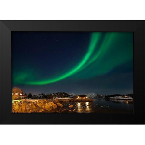 Ballstad Lofoten Nordlicht Black Modern Wood Framed Art Print by Fischer, Rolf