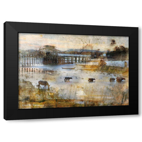 Pont en teck Black Modern Wood Framed Art Print by Le Visage, J-M