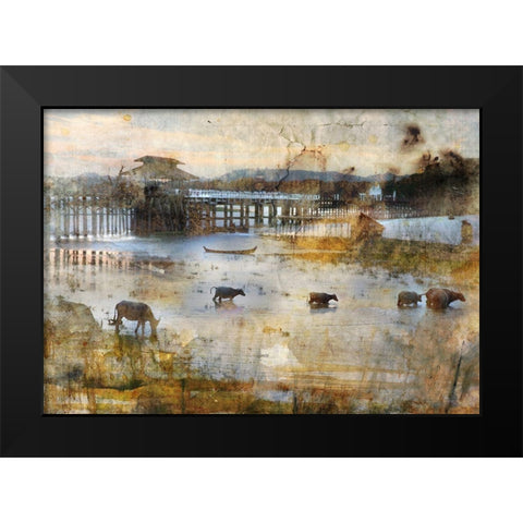 Pont en teck Black Modern Wood Framed Art Print by Le Visage, J-M