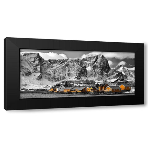 Lofoten Reine Panorama mit gelben Hauser Black Modern Wood Framed Art Print with Double Matting by Fischer, Rolf
