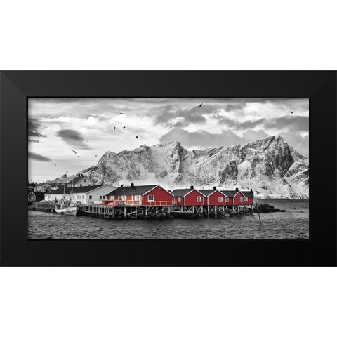 Lofoten Nahe Reine mit roten Hutten Black Modern Wood Framed Art Print by Fischer, Rolf
