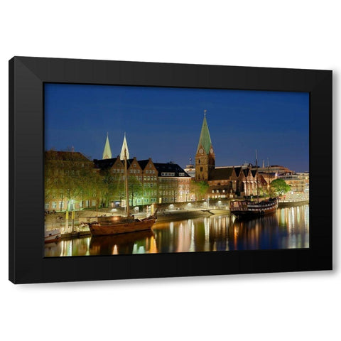 Bremen Hafen bei Nacht Black Modern Wood Framed Art Print with Double Matting by Fischer, Rolf