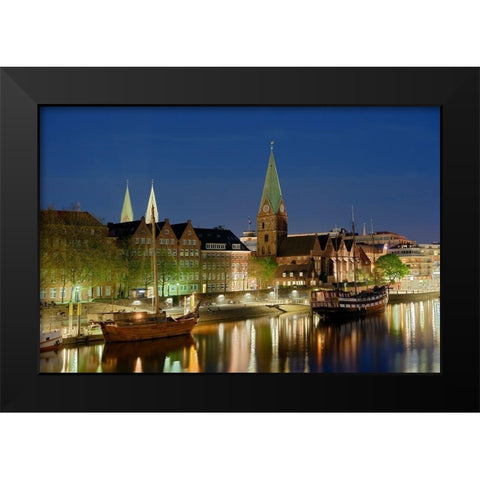 Bremen Hafen bei Nacht Black Modern Wood Framed Art Print by Fischer, Rolf