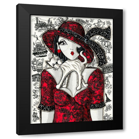 Chat sur robe rouge Black Modern Wood Framed Art Print by MIROTA