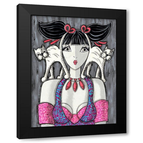 Deux chats-trois poissons Black Modern Wood Framed Art Print with Double Matting by MIROTA
