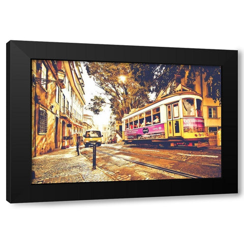 Lisboa Street Black Modern Wood Framed Art Print by Lusitano Photographie