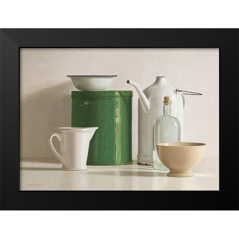 Green tin box-bottle-2 jugs and 2 bowl Black Modern Wood Framed Art Print by de Bont, Willem