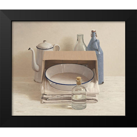 Still life behind box with cloths and pa Black Modern Wood Framed Art Print by de Bont, Willem