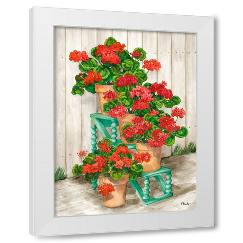 Spindle Shelf Geraniums - Beige White Modern Wood Framed Art Print by Brent, Paul