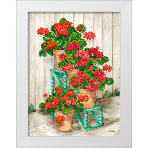 Spindle Shelf Geraniums - Beige White Modern Wood Framed Art Print by Brent, Paul
