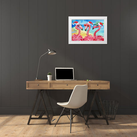 Holiday Flamingo Girlfriends Horizontal White Modern Wood Framed Art Print by Brent, Paul