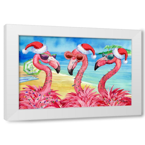 Holiday Flamingo Girlfriends Horizontal White Modern Wood Framed Art Print by Brent, Paul