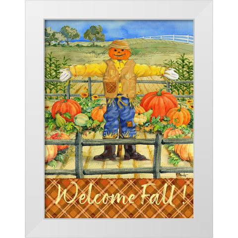 Scarecrow with Pumpkins Vertical White Modern Wood Framed Art Print by Brent, Paul