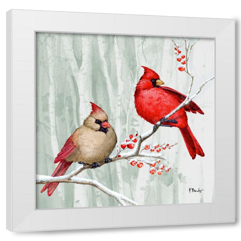 Snowy Cardinals I White Modern Wood Framed Art Print by Brent, Paul
