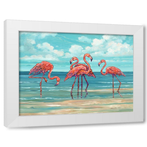 Summerset Flamingos Horizontal I White Modern Wood Framed Art Print by Brent, Paul