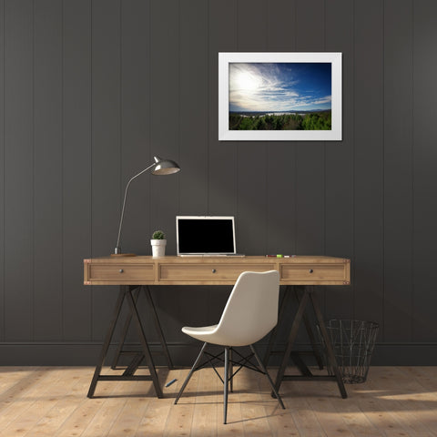 Clouds Trees Lake White Modern Wood Framed Art Print by Lee, Rachel