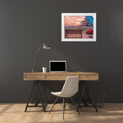 Walnut Bench and Hunter Morning White Modern Wood Framed Art Print by Lee, Rachel